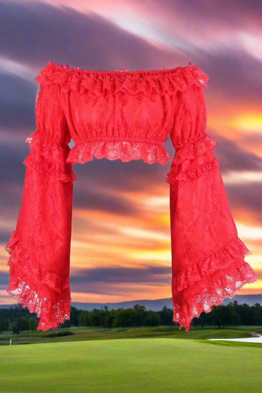 Lace Smocked Flare Sleeve Peasant Top