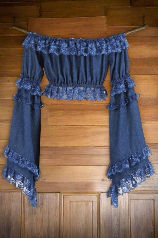 Dark Blue Denim Color Smocked Flare Sleeve Peasant Top