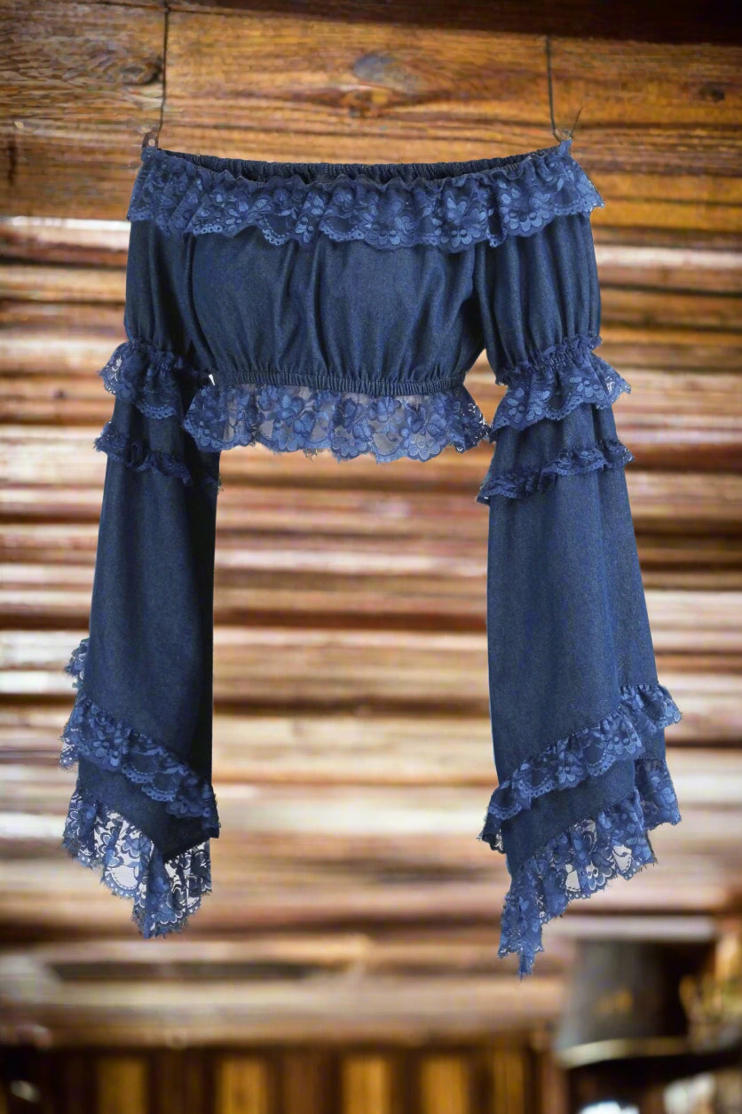 Dark Blue Denim Color Smocked Flare Sleeve Peasant Top