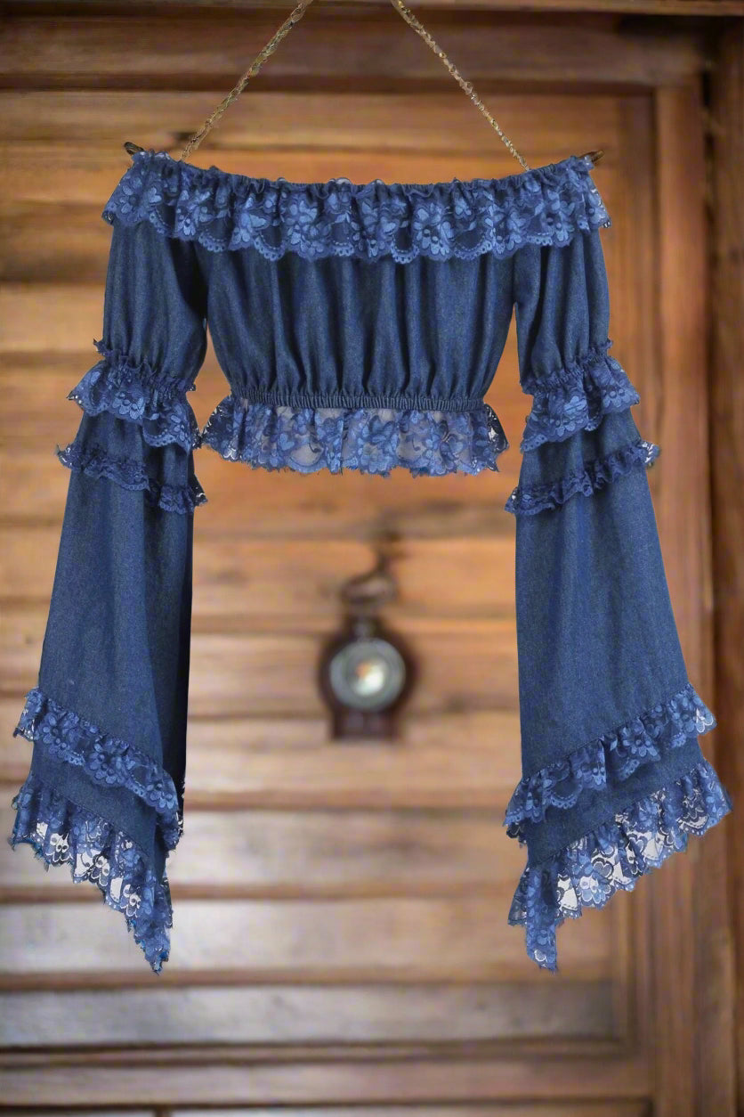 Dark Blue Denim Color Smocked Flare Sleeve Peasant Top