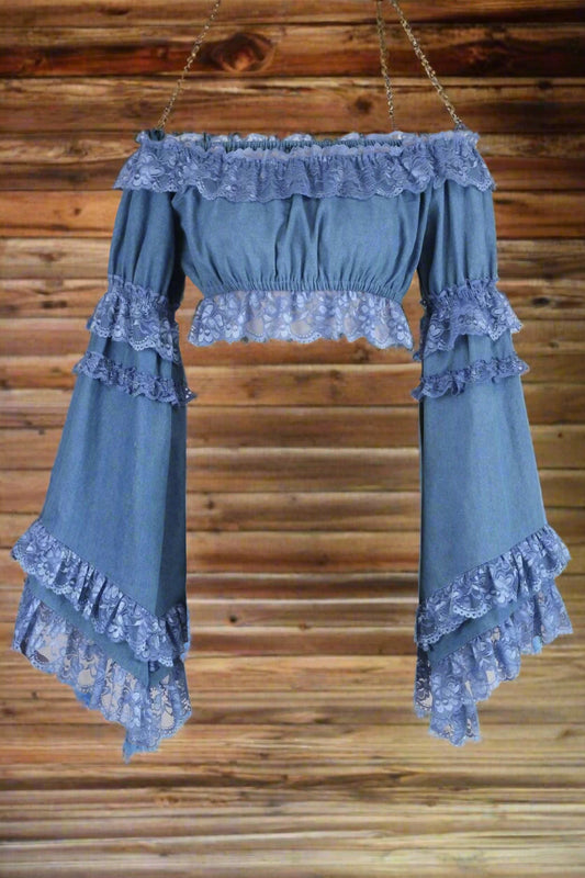 Blue Denim Color Smocked Flare Sleeve Peasant Top