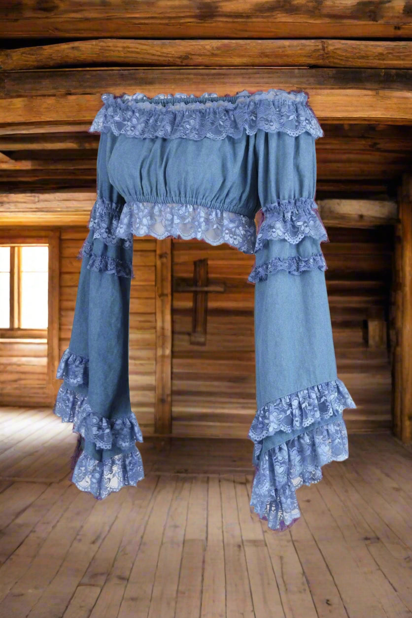 Blue Denim Color Smocked Flare Sleeve Peasant Top
