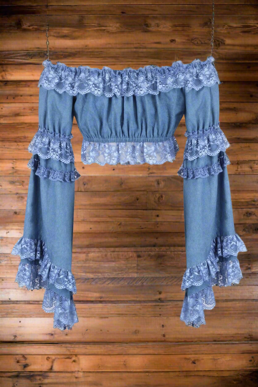 Blue Denim Color Smocked Flare Sleeve Peasant Top