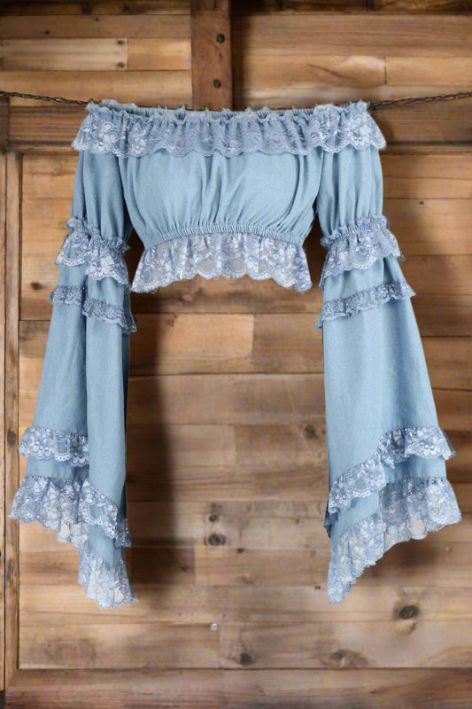 Light Denim Color Smocked Flare Sleeve Peasant Top