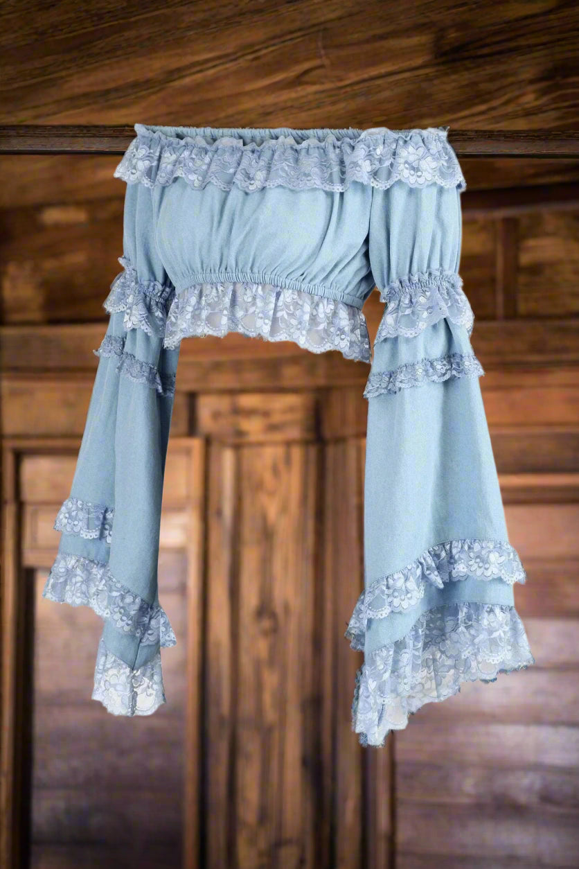 Light Denim Color Smocked Flare Sleeve Peasant Top