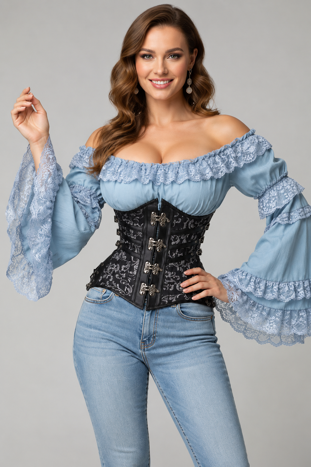Light Denim Color Smocked Flare Sleeve Peasant Top