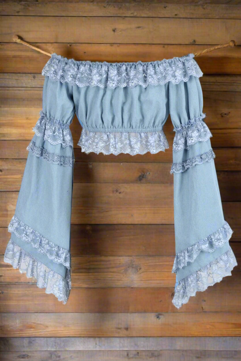 Light Denim Color Smocked Flare Sleeve Peasant Top