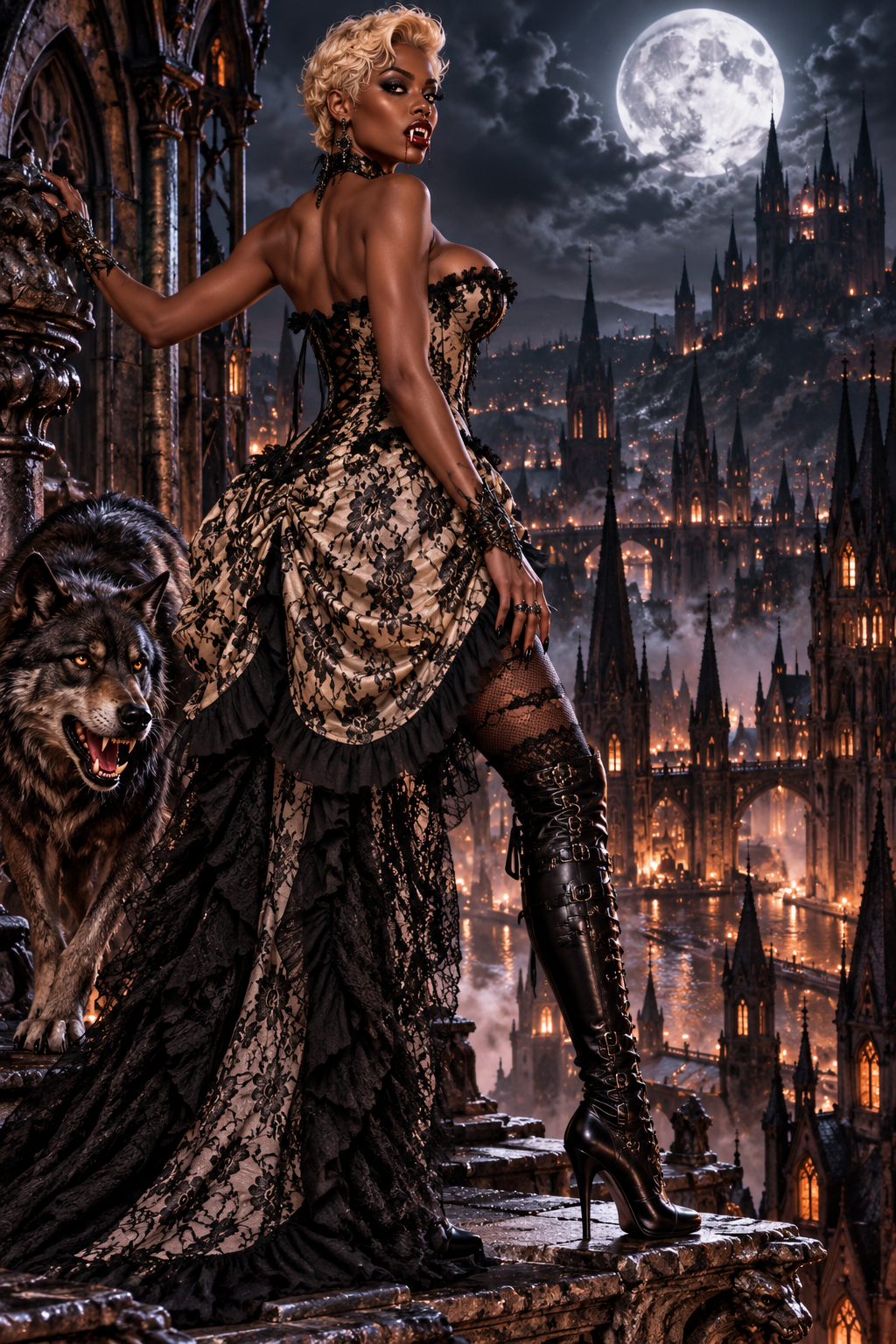 Cream with Black Lace Bustle Corset Vampire Dress