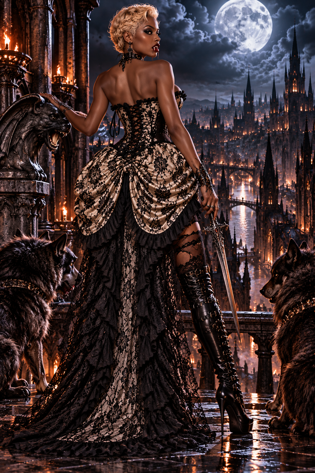 Cream with Black Lace Bustle Corset Vampire Dress