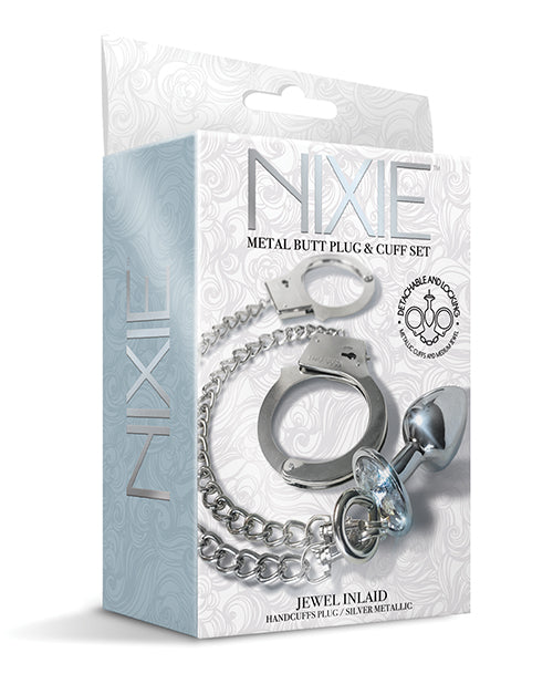 Nixie Metal Butt Plug with Inlaid Jewel and Cuff Set in Silver Metallic