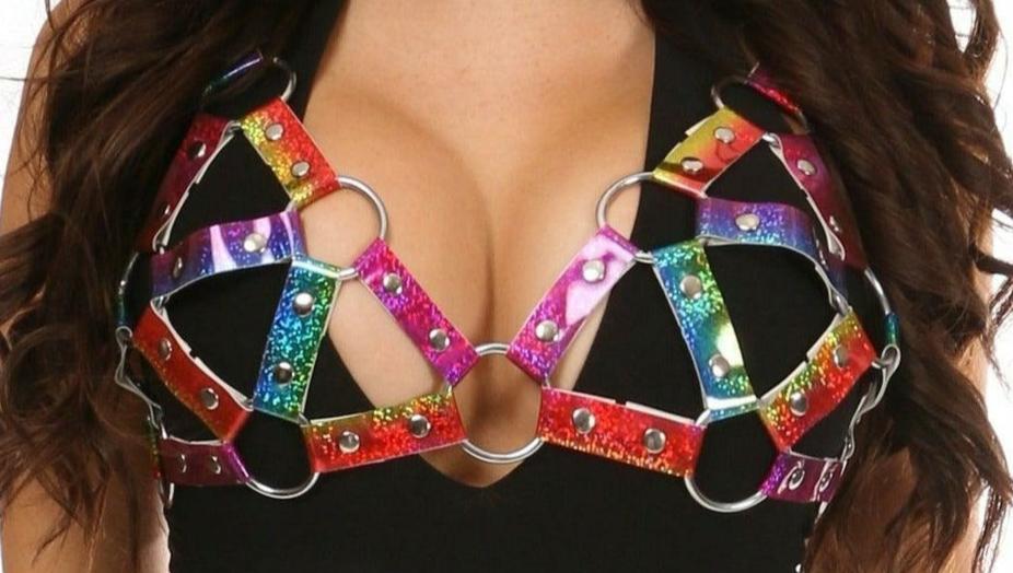 Rainbow Glitter PVC Strappy Bra Top Harness in Size Regular or Queen