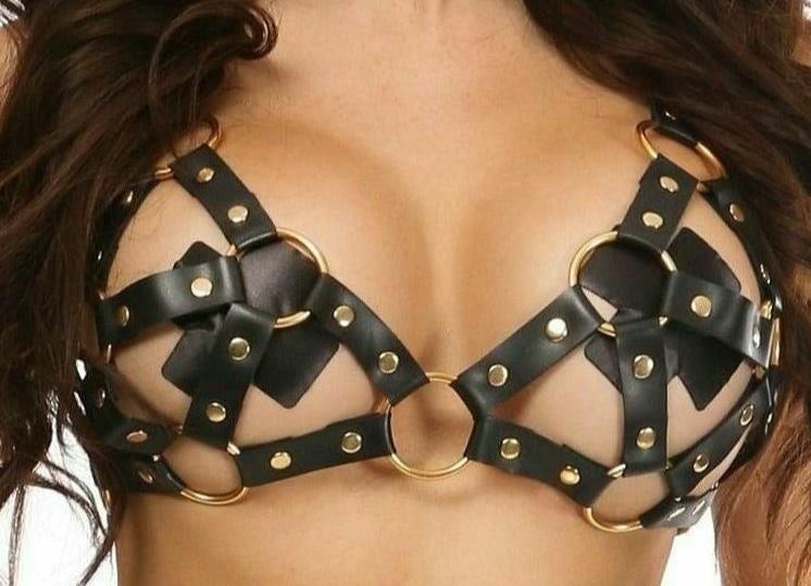 Black/Gold Strappy Harness Bra Top in Size Regular or Queen