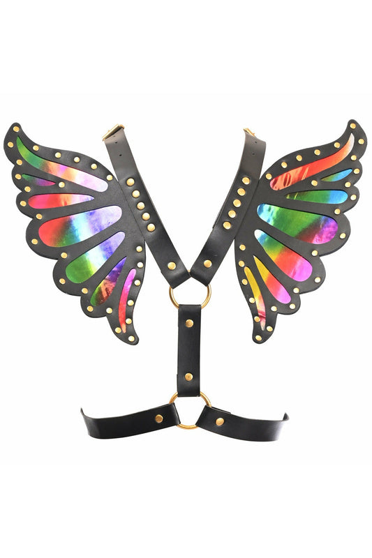 Black Faux Leather and Rainbow Hologram Butterfly Wing Harness in Size Regular or Queen