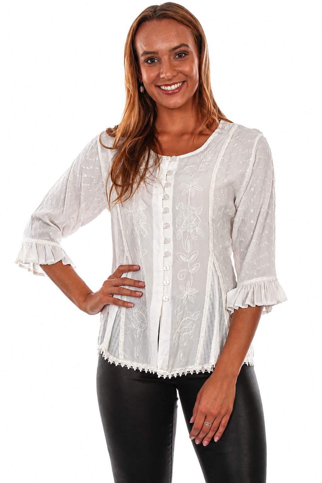 Tonal Embroidered 3/4 Sleeve Blouse