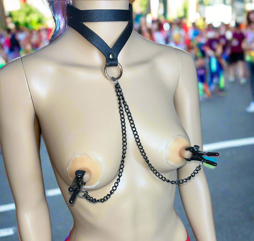 Bondage Black and Gold Collar with Ring and Nipple Clamps