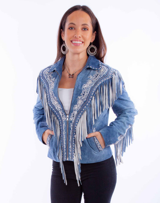 Exciting Blue Boar Suede Ladies Jacket with Embroidery and Fringe with a Front Zipper Closure by Scully in Size XS, S, M, L, XL, or XXL