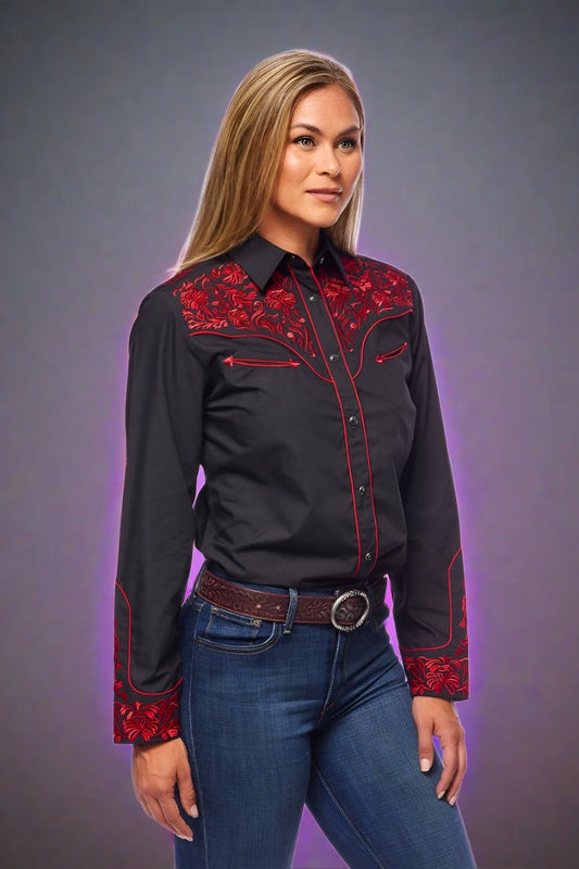 Champion Western Embroidered Shirt by Rodeo Clothing in Black and Crimson in Size S, M, L, XL, XXL