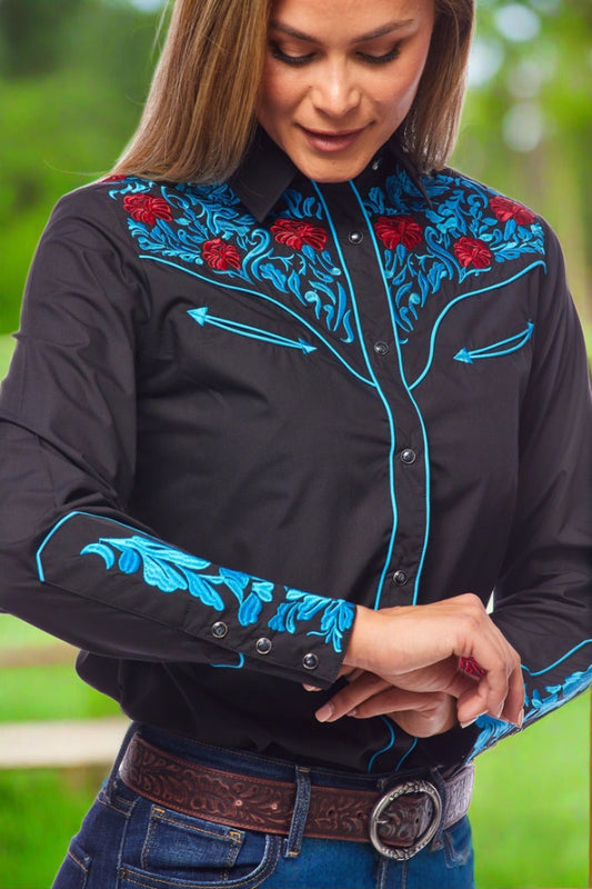 Champion Western Embroidered Shirt by Rodeo Clothing in Black, Blue, and Red in Size S, M, L, XL, XXL