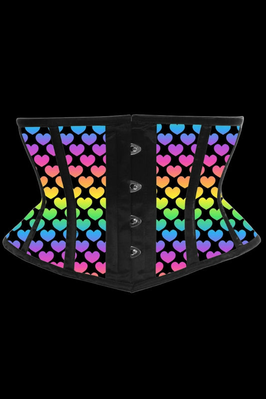 Lavish Rainbow Hearts Print Satin Mini Cincher Corset in Size S, M, L, XL, 2X, 3X, 4X, 5X, or 6X