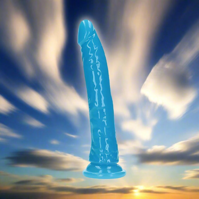 Shots RealRock 9" Slim Dildo Glow in the Dark - Neon Blue