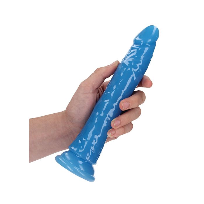 Shots RealRock 9" Slim Dildo Glow in the Dark - Neon Blue