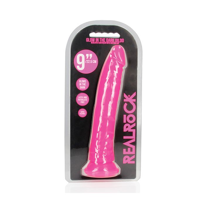 Shots RealRock 9" Slim Dildo Glow in the Dark - Neon Pink