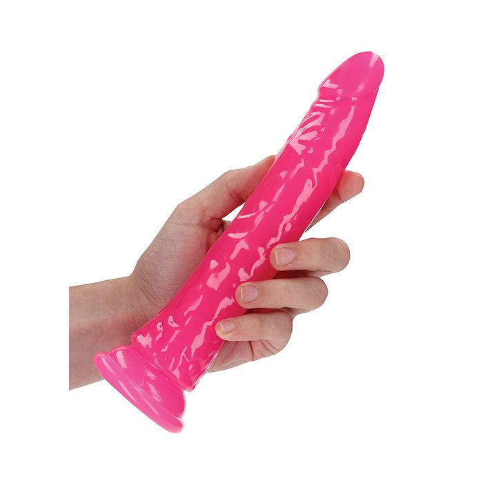 Shots RealRock 9" Slim Dildo Glow in the Dark - Neon Pink