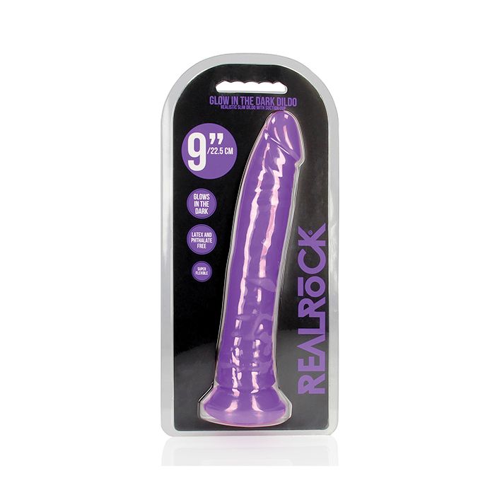 Shots RealRock 9" Slim Dildo Glow in the Dark - Neon Purple