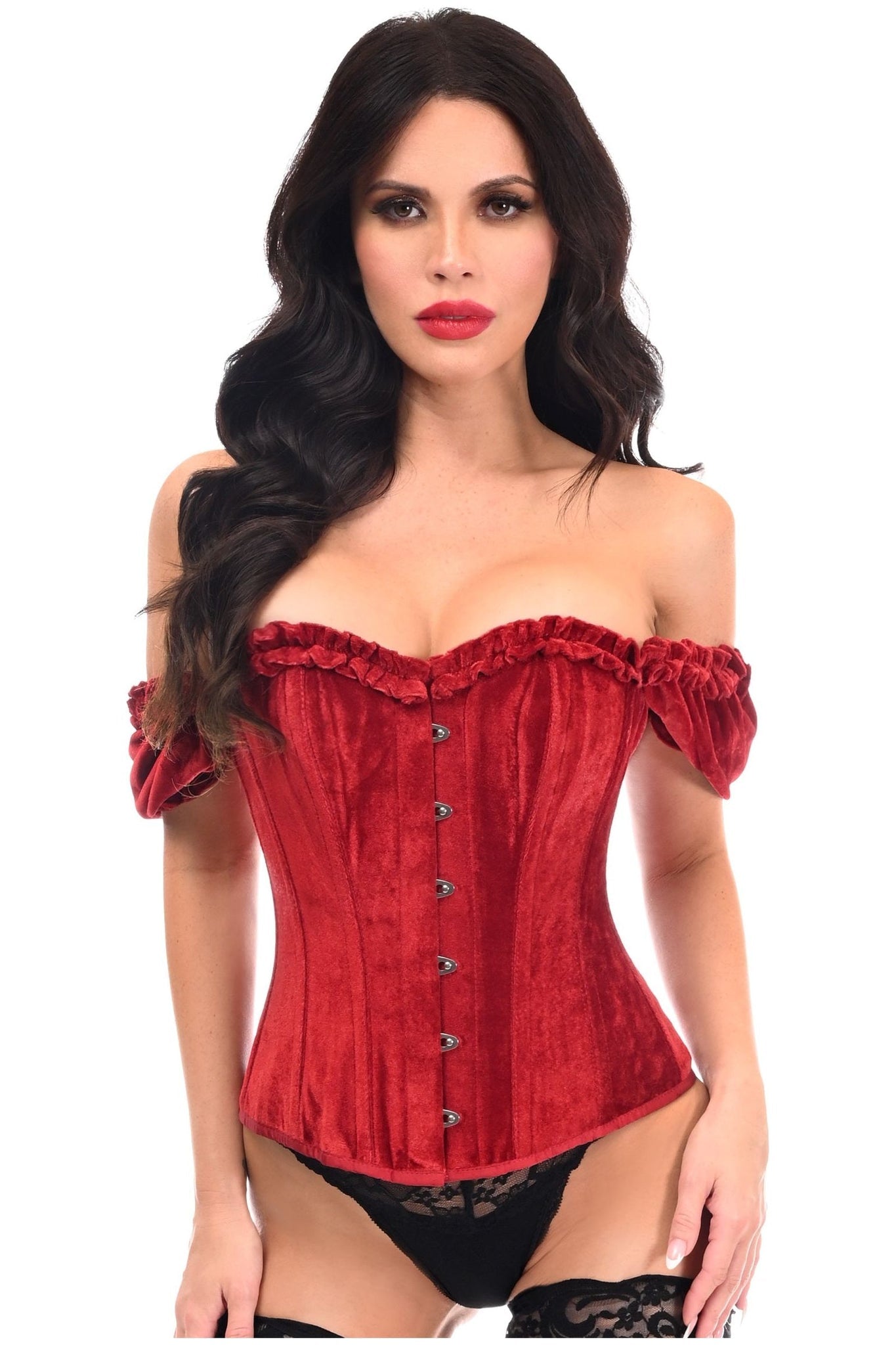 Top Drawer Steel Boned Dark Red Velvet Overbust Corset by Daisy Corsets in Size S, M, L, XL, 2X, 3X, 4X, 5X, or 6X