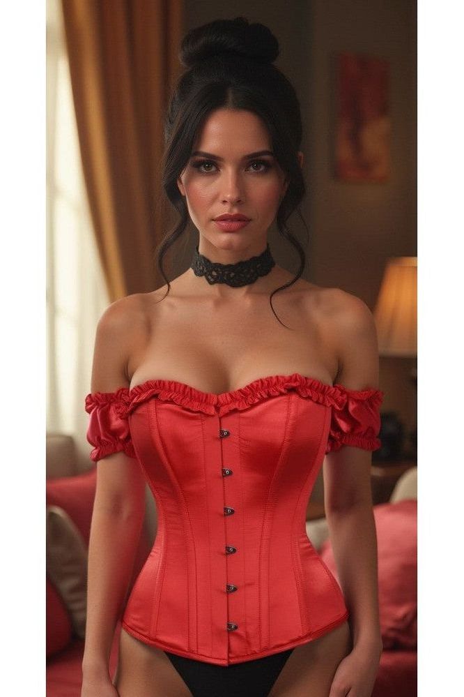 LIMITED EDITION Top Drawer Steel Boned Red Satin Overbust Corset w/Sleeves