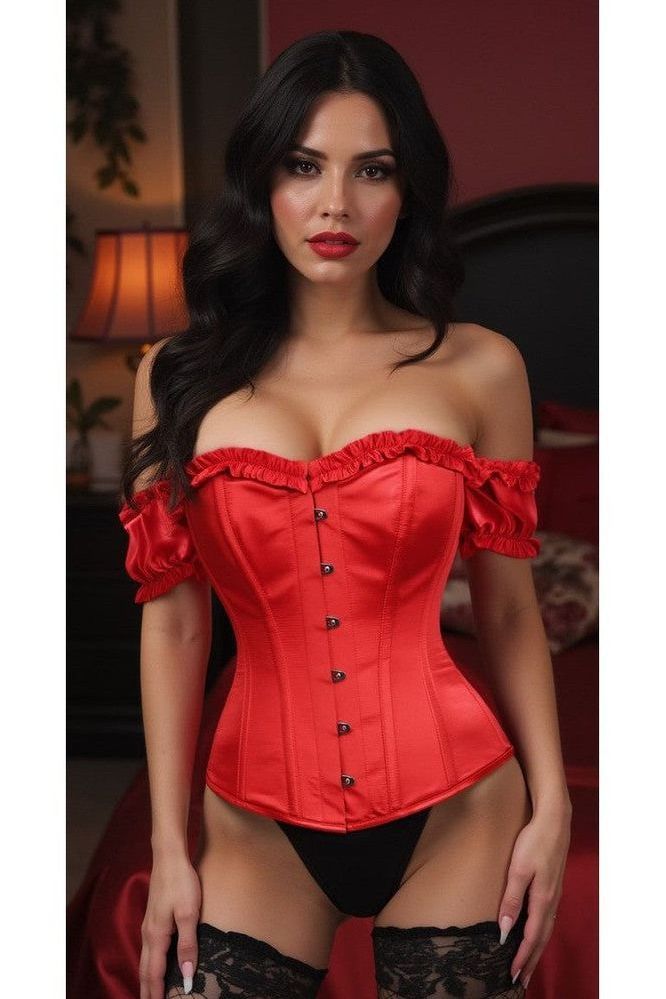 LIMITED EDITION Top Drawer Steel Boned Red Satin Overbust Corset w/Sleeves
