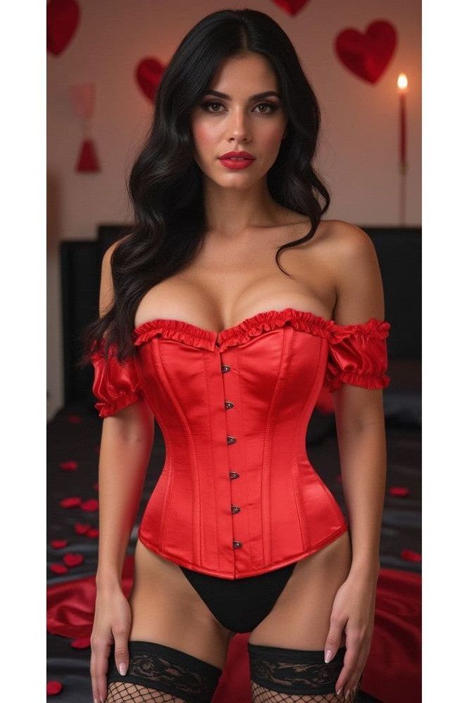 LIMITED EDITION Top Drawer Steel Boned Red Satin Overbust Corset w/Sleeves