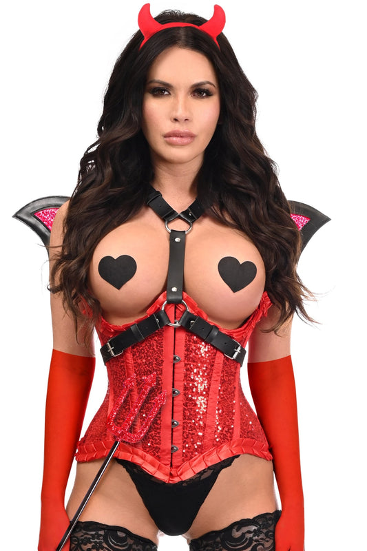 Top Drawer 5 Piece Red Sequin Devil Harness Corset Costume by Daisy Corsets in Size S, M, L, XL, 2X, 3X, 4X, 5X, or 6X