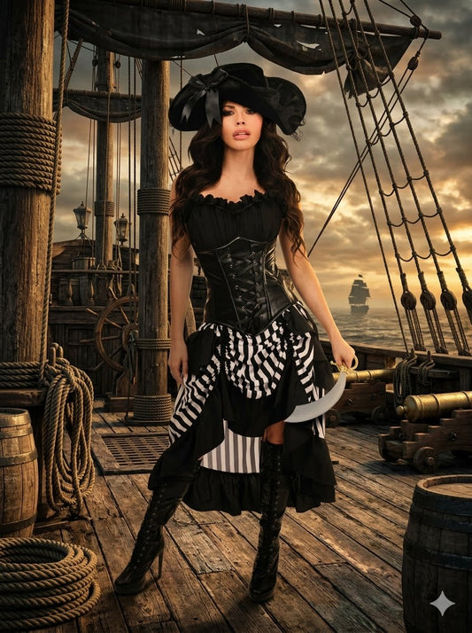 Top Drawer 4 Piece Black and White Premium Pirate Corset Costume