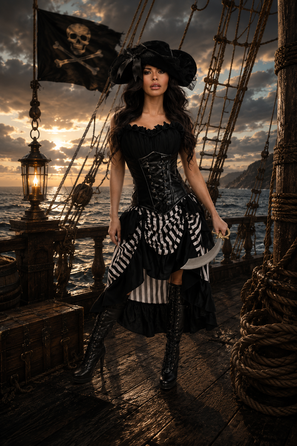 Top Drawer 4 Piece Black and White Premium Pirate Corset Costume