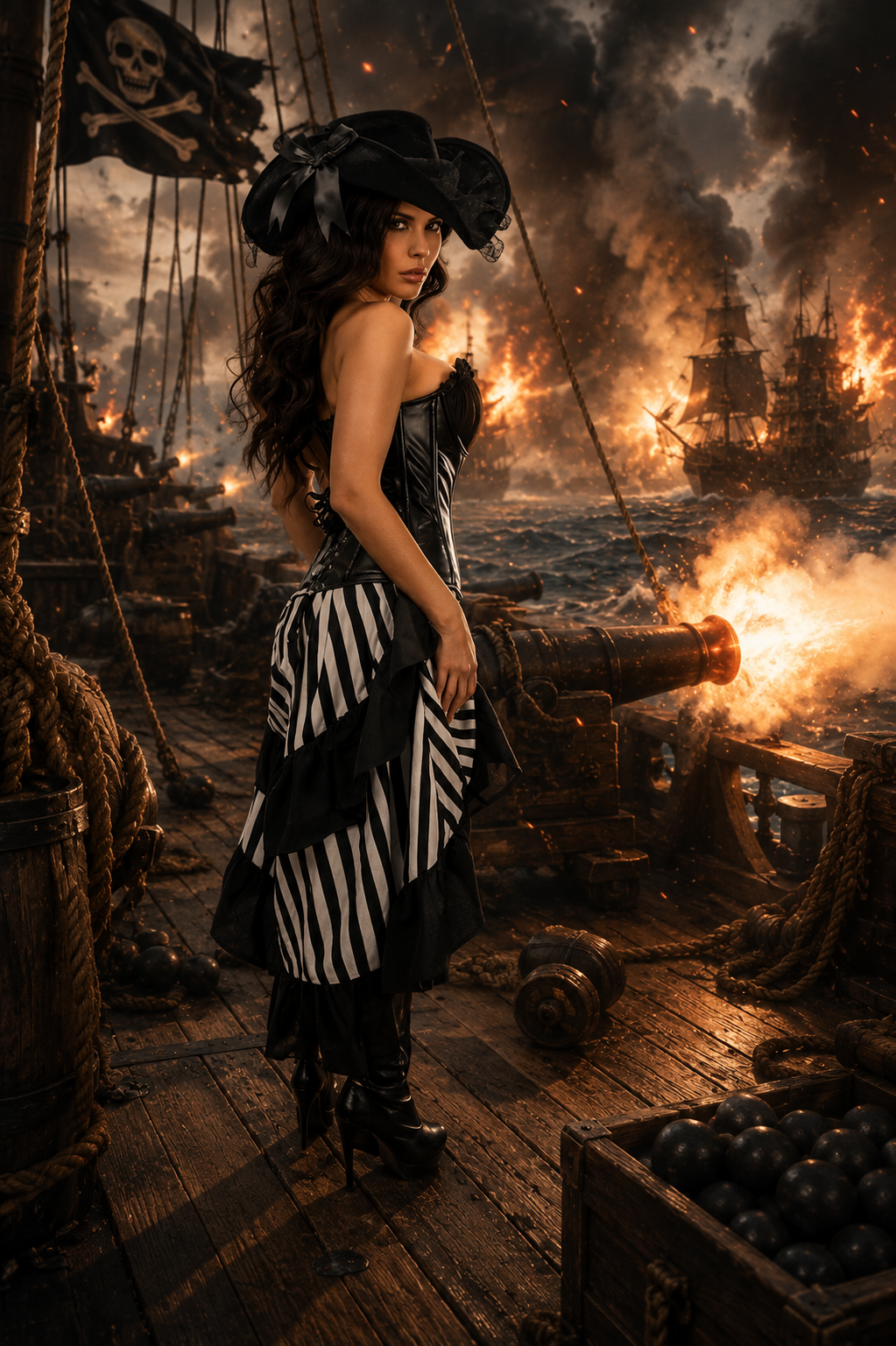 Top Drawer 4 Piece Black and White Premium Pirate Corset Costume