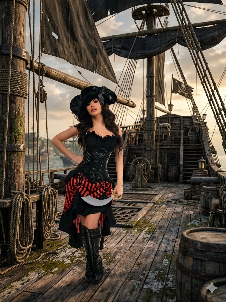 4 Piece Black and Red Premium Pirate Corset Costume