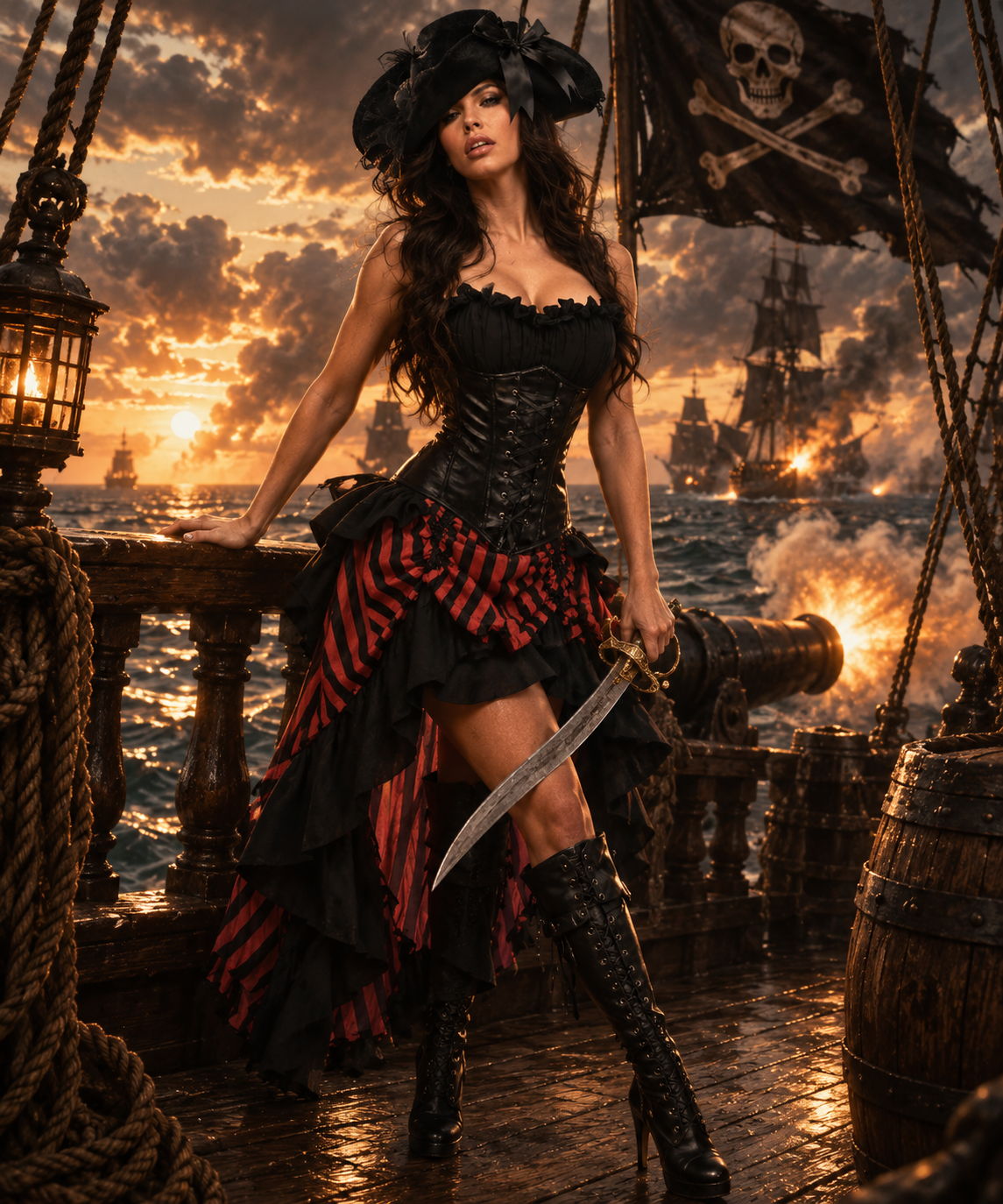 4 Piece Black and Red Premium Pirate Corset Costume