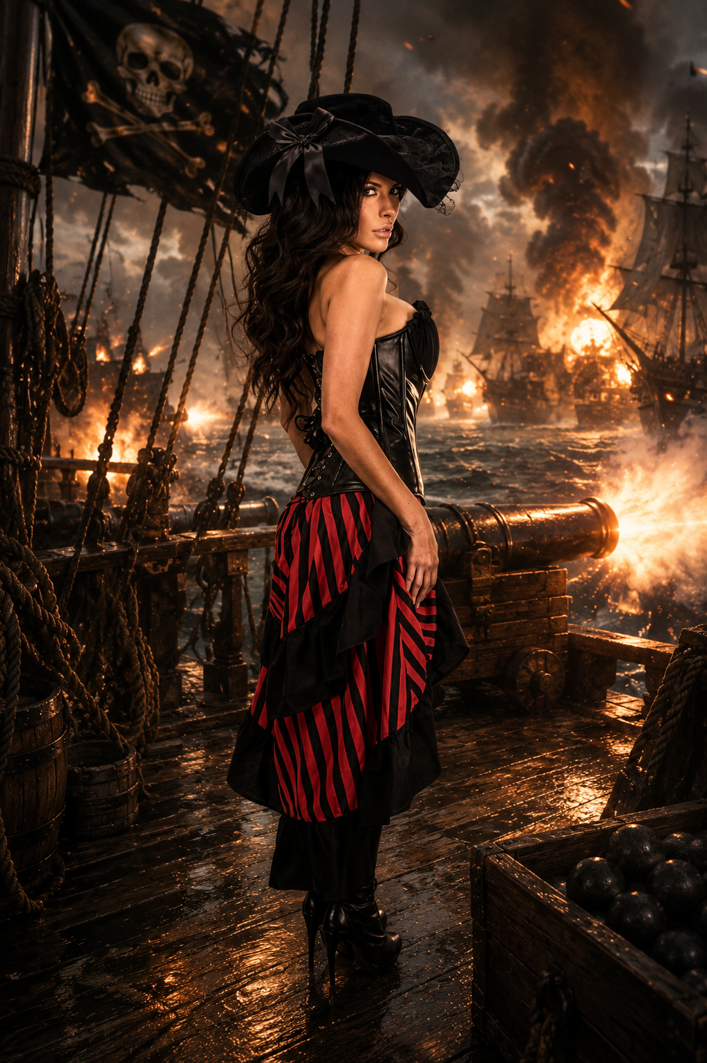 4 Piece Black and Red Premium Pirate Corset Costume