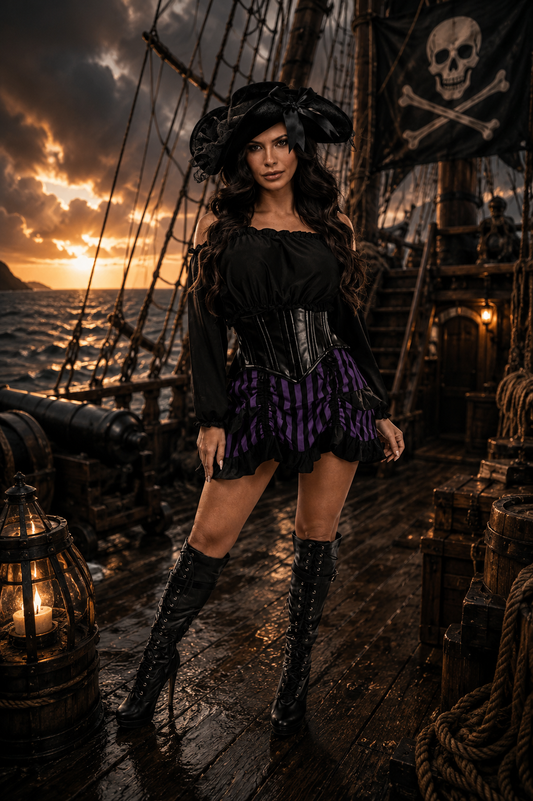 Top Drawer 4 Piece Black and Purple Striped Premium Pirate Corset Costume