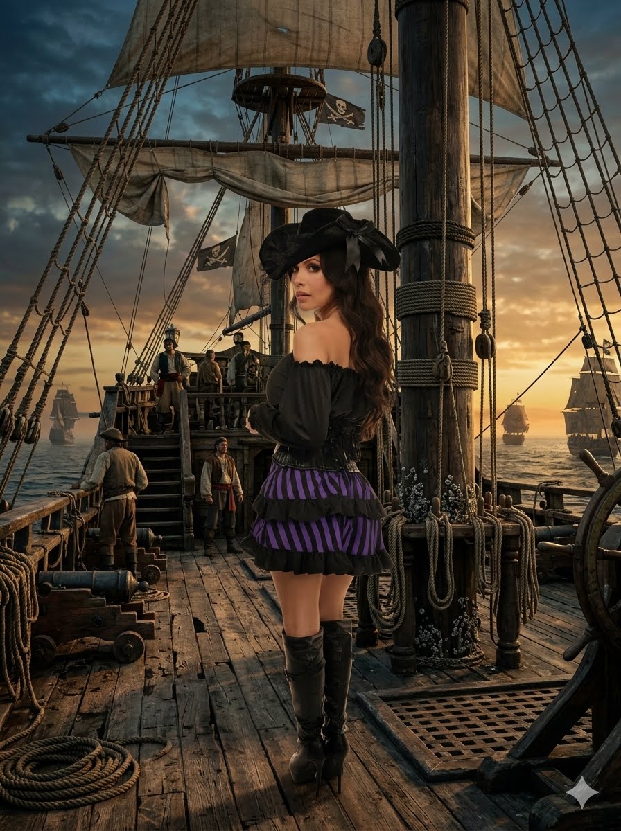 Top Drawer 4 Piece Black and Purple Striped Premium Pirate Corset Costume