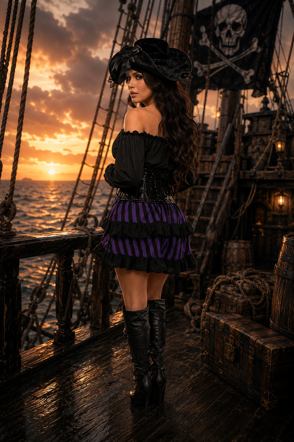 Top Drawer 4 Piece Black and Purple Striped Premium Pirate Corset Costume