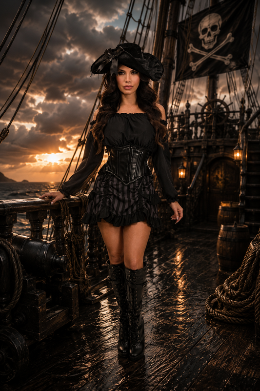 Top Drawer 4 Piece Black and Grey Striped Premium Pirate Corset Costume