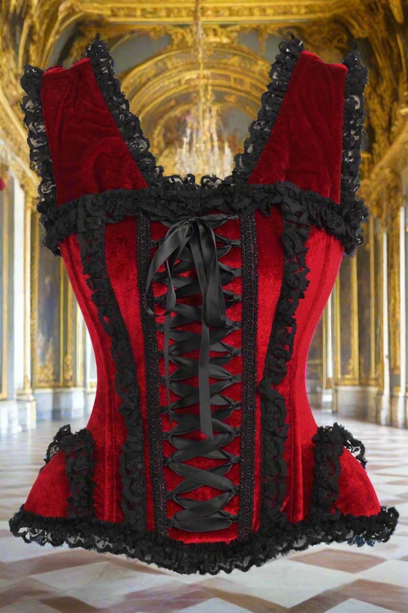 Dark Red and Black Velvet and Lace Steel Boned Corset