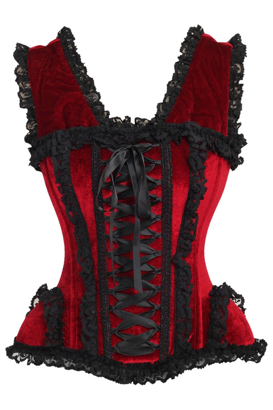 Top Drawer Dark Red Velvet and Lace Steel Boned Corset by Daisy Corsets in Size S, M, L, XL, 2X, 3X, 4X, 5X, or 6X