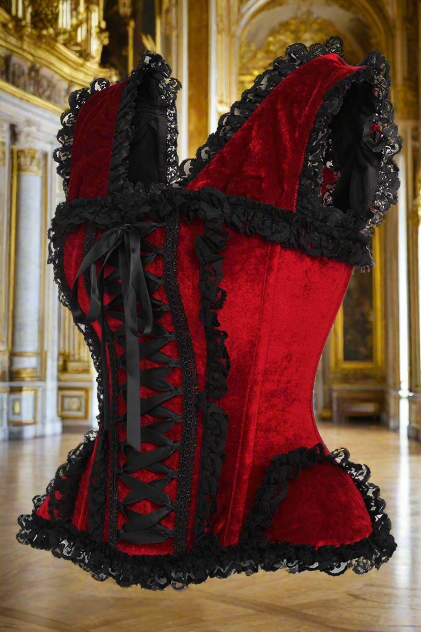 Dark Red and Black Velvet and Lace Steel Boned Corset