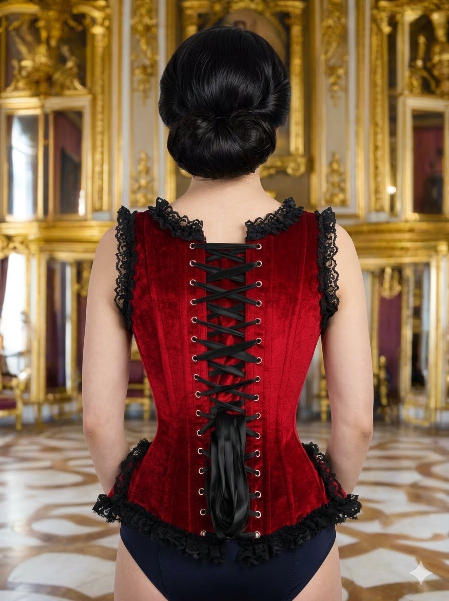 Dark Red and Black Velvet and Lace Steel Boned Corset