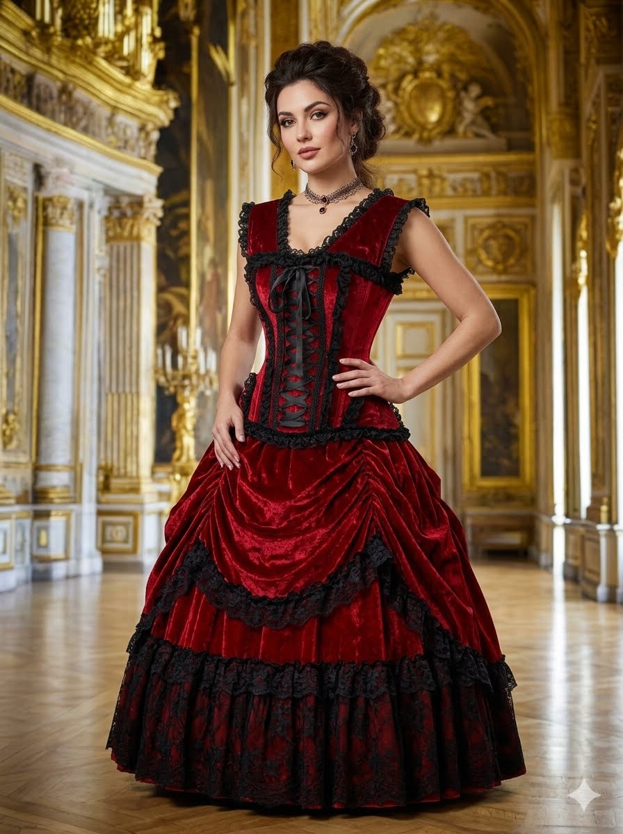Dark Red and Black Velvet and Lace Steel Boned Corset