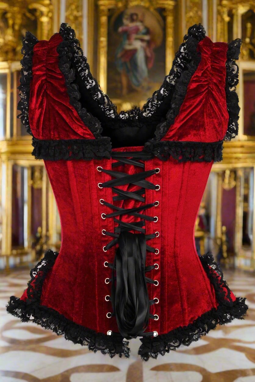 Dark Red and Black Velvet and Lace Steel Boned Corset