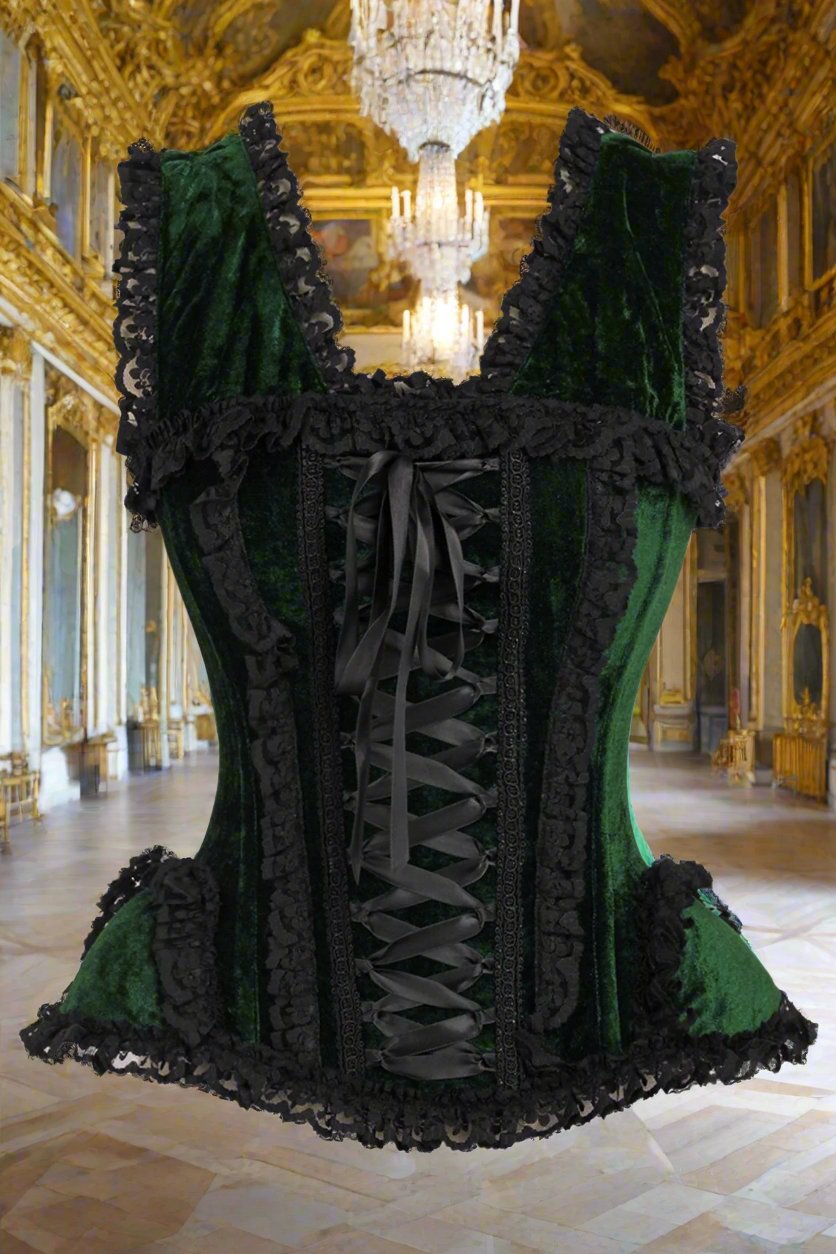 Dark Green Velvet and Lace Steel Boned Corset